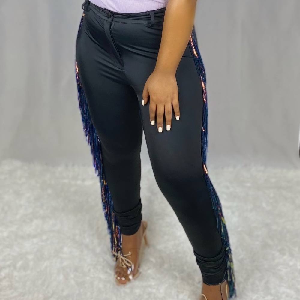 WOMENS BLACK FRINGE STRETCH PANTS